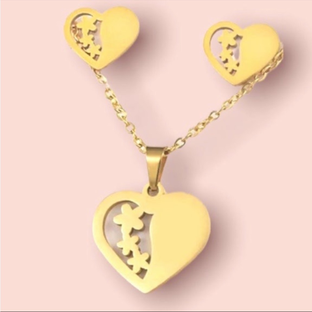 Stainless Steel Gold Heart Necklace & Stud Earrings